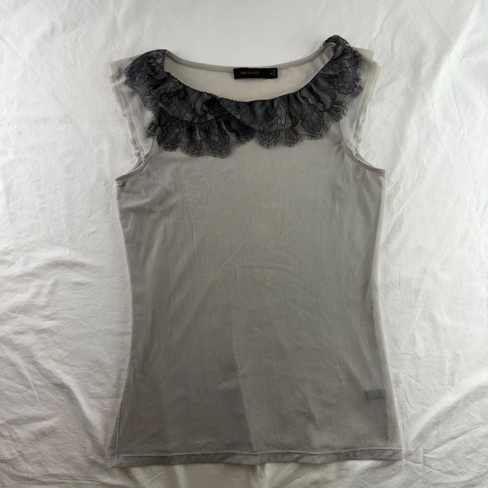 The Limited Sheer Grey Tank Top Lace Ruffle Collar Cap Sleeves Womens M